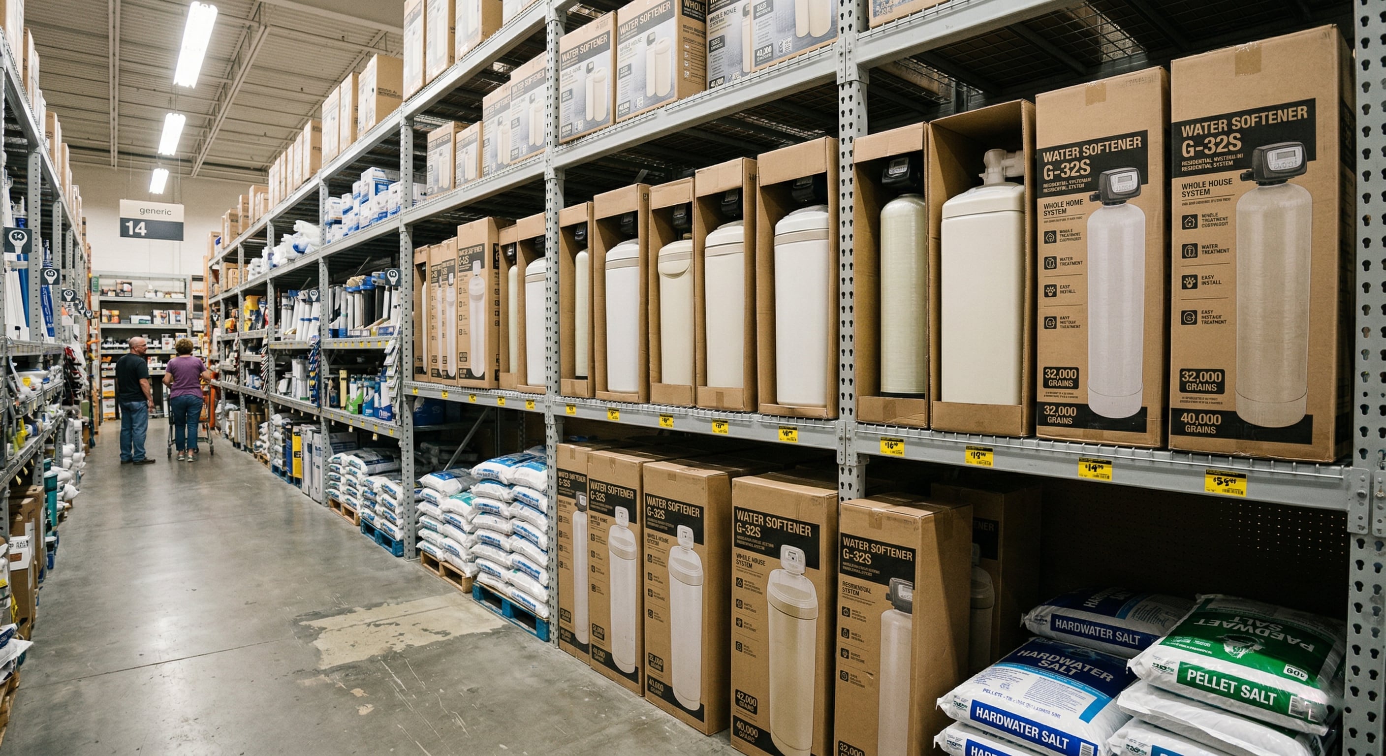 Big-box store aisle with water softeners on shelves