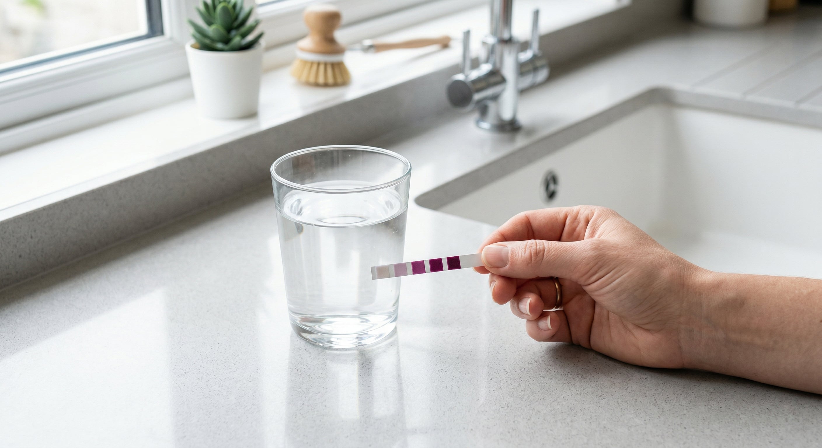 Hand holding water hardness test strip next to glass of water in Idaho Falls kitchen