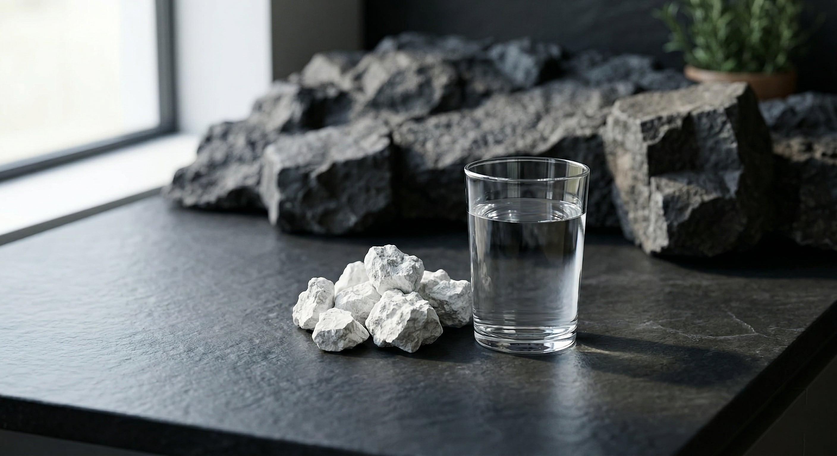 Glass of water next to calcium mineral deposits on Idaho basalt rock