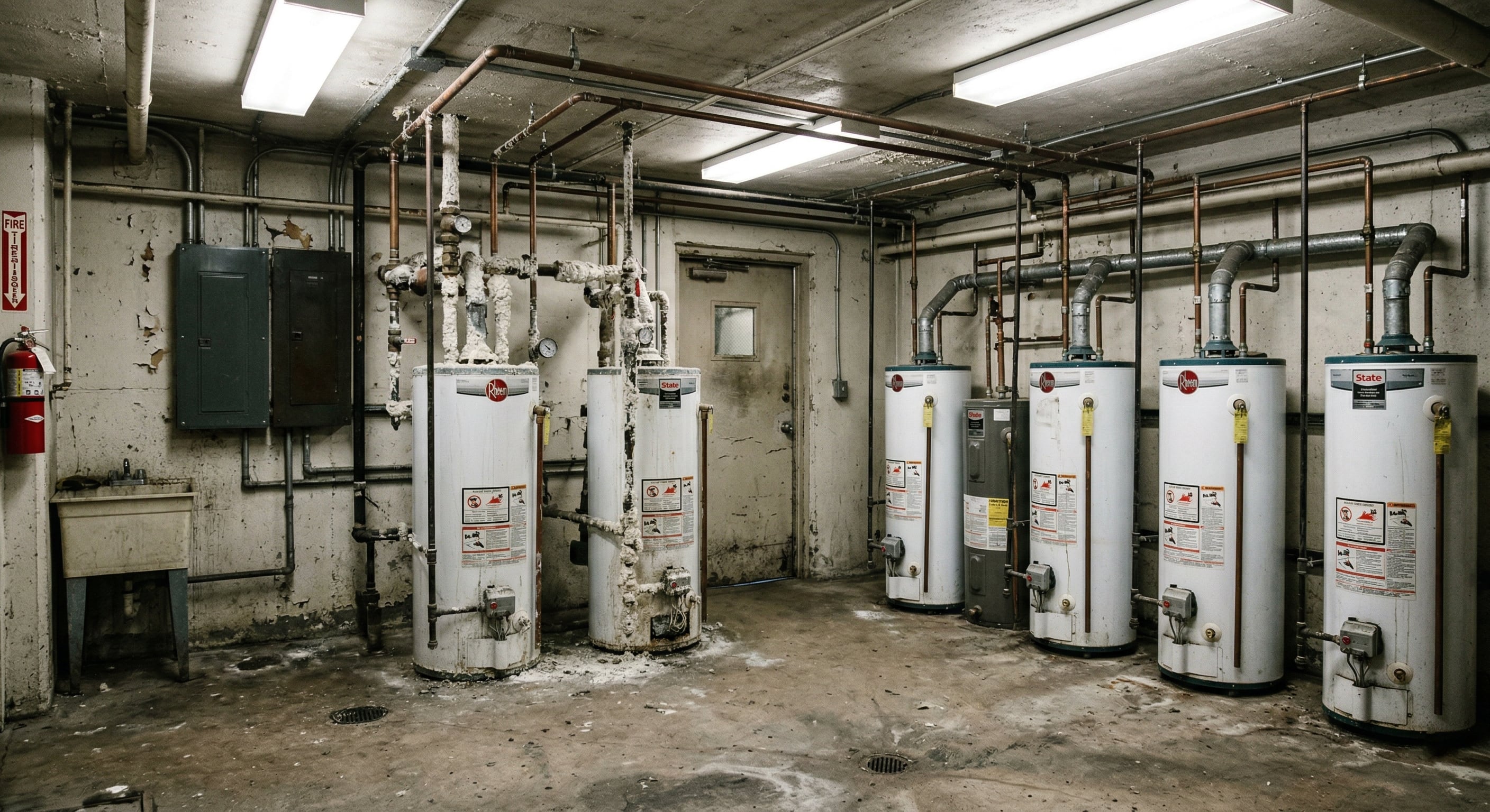 Multiple water heaters in a rental property showing severe hard water scale damage