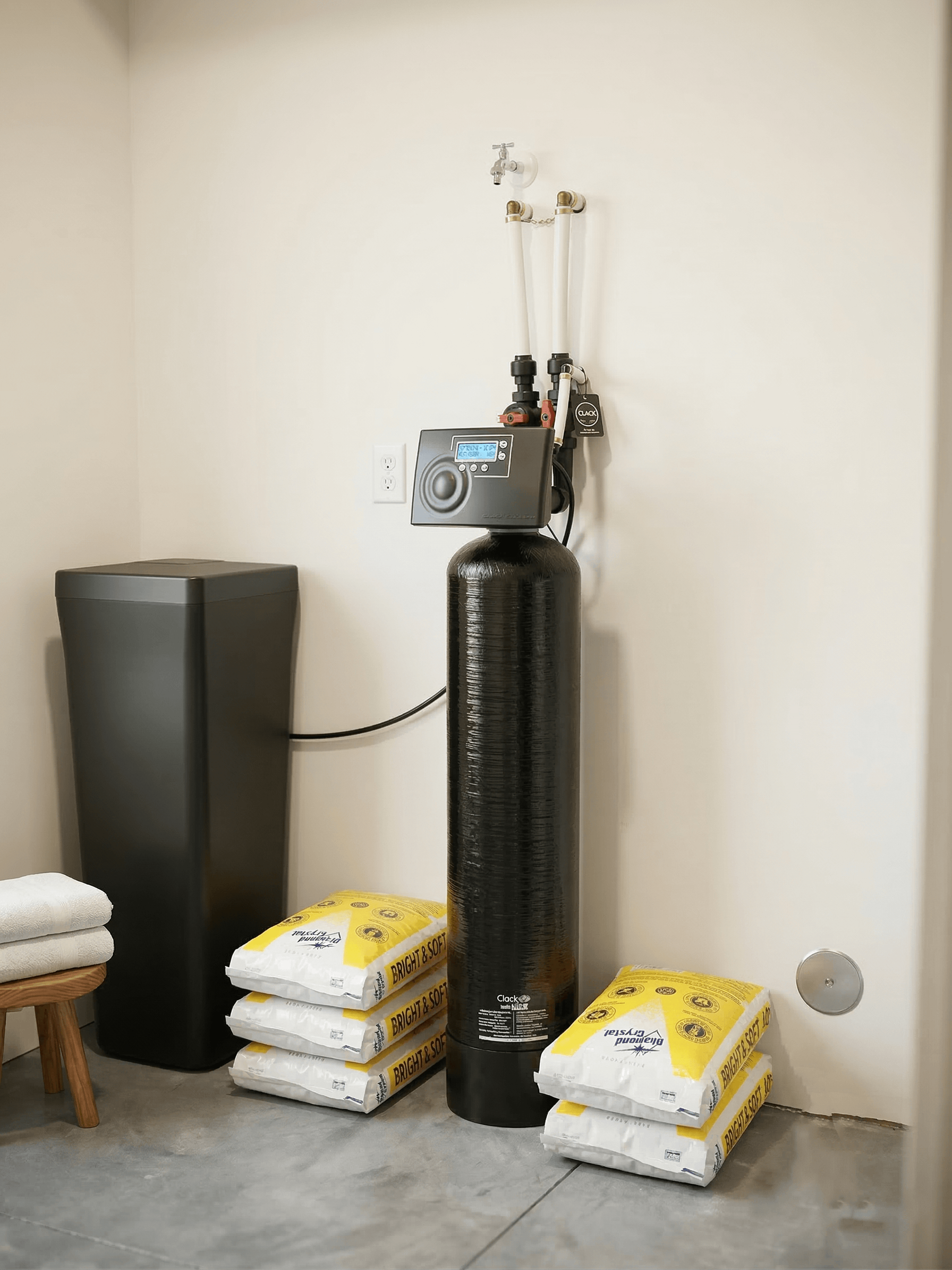 NuGen water softener professionally installed in Idaho Falls home utility room with salt bags